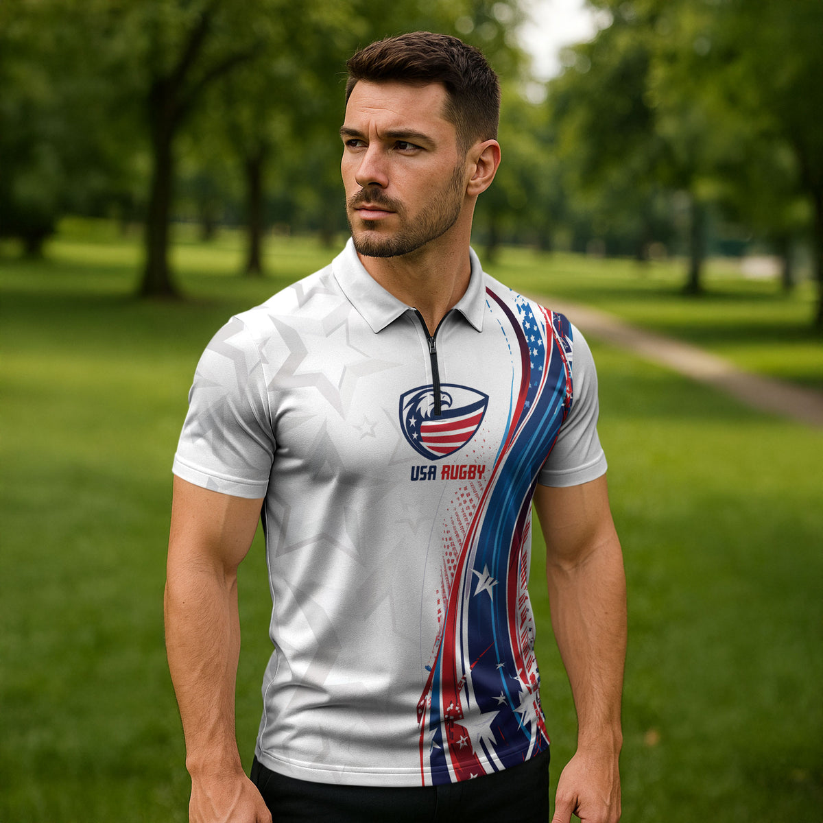 2026 Rugby Nations Series Custom United States Zipper Polo Shirt Bald Eagle Heritage