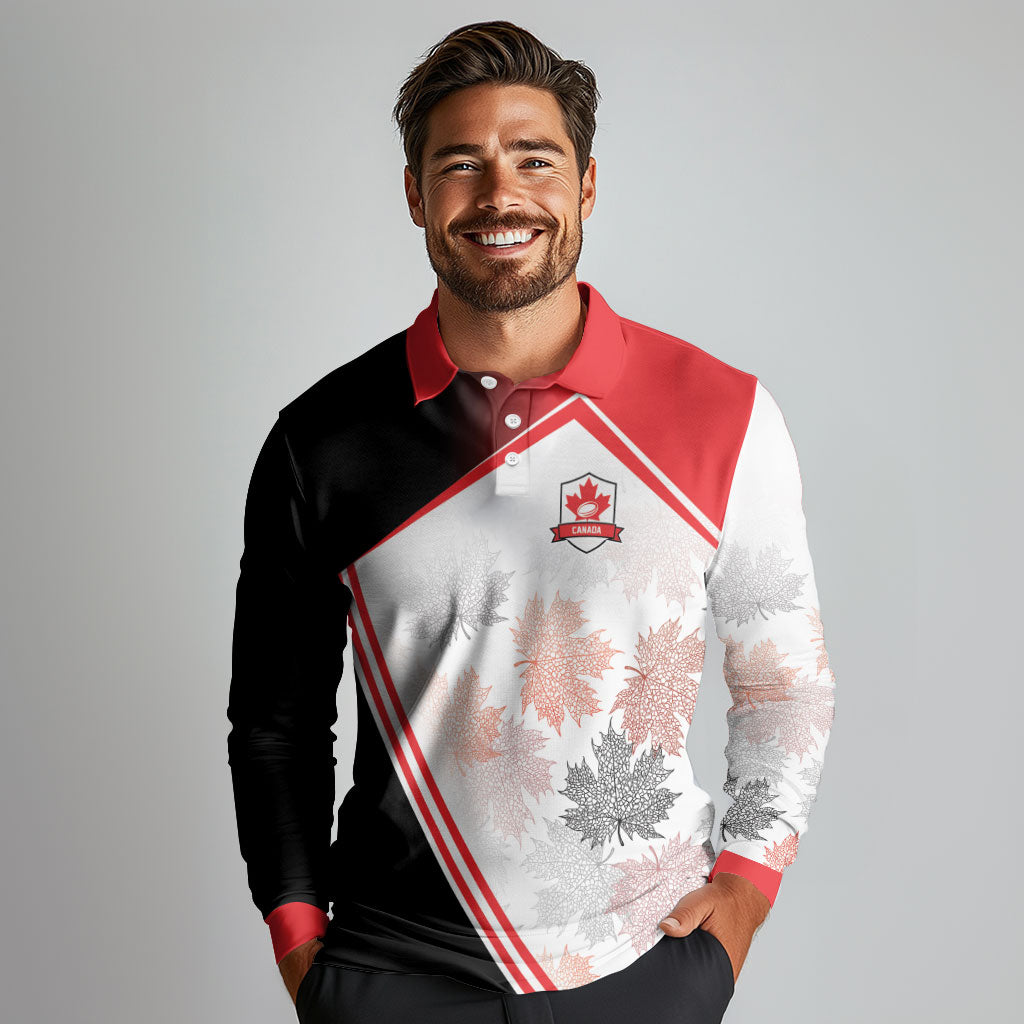 2026 Rugby Nations Series Custom Canada Long Sleeve Polo Shirt Les Rouges Maple Leaf