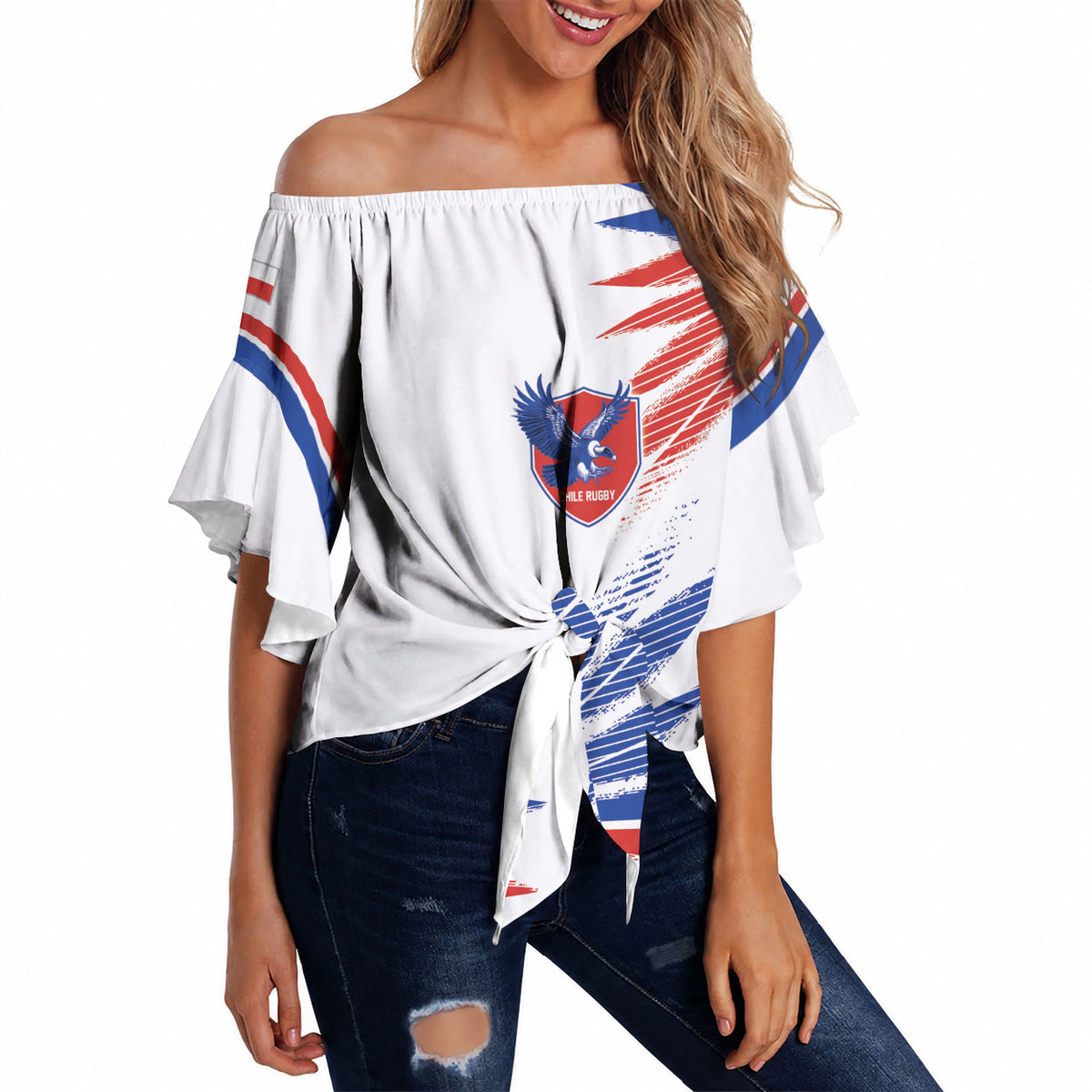 2026 Rugby Nations Series Custom Chile Off Shoulder Wrap Waist Top Los Condores Eagle Bold Stripes Pride