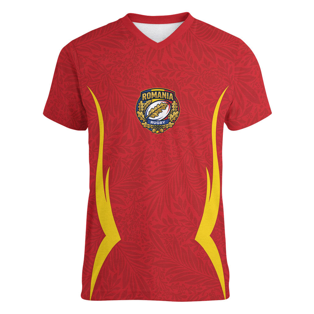 2026 Rugby Nations Series Custom Romania Women V-Neck T-Shirt Stejarii Oaks Carpathian Pattern