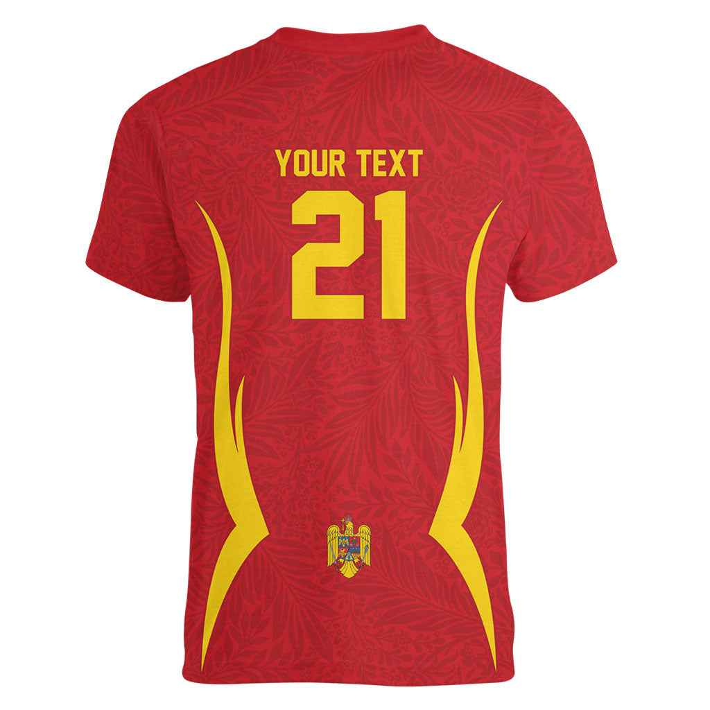 2026 Rugby Nations Series Custom Romania Women V-Neck T-Shirt Stejarii Oaks Carpathian Pattern