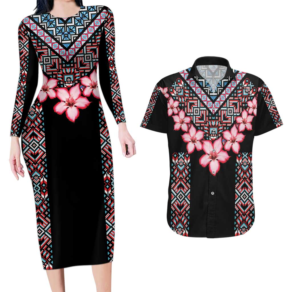 Africa Adenium Multiflorum Flowers Couples Matching Long Sleeve Bodycon Dress and Hawaiian Shirt Mix Native Tribal Pattern LT9 - Wonder Print Shop