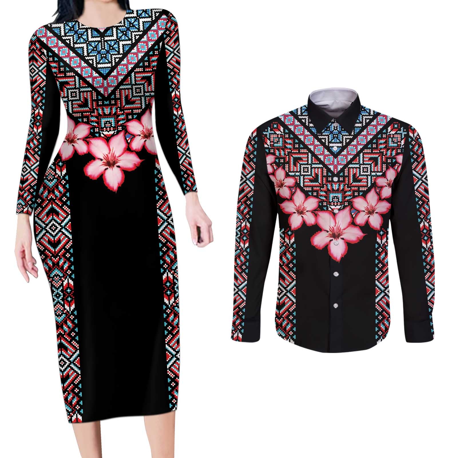 Africa Adenium Multiflorum Flowers Couples Matching Long Sleeve Bodycon Dress and Long Sleeve Button Shirt Mix Native Tribal Pattern LT9 - Wonder Print Shop