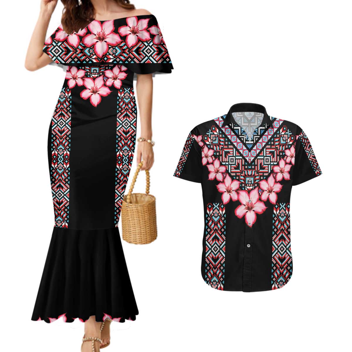 Africa Adenium Multiflorum Flowers Couples Matching Mermaid Dress and Hawaiian Shirt Mix Native Tribal Pattern LT9 - Wonder Print Shop