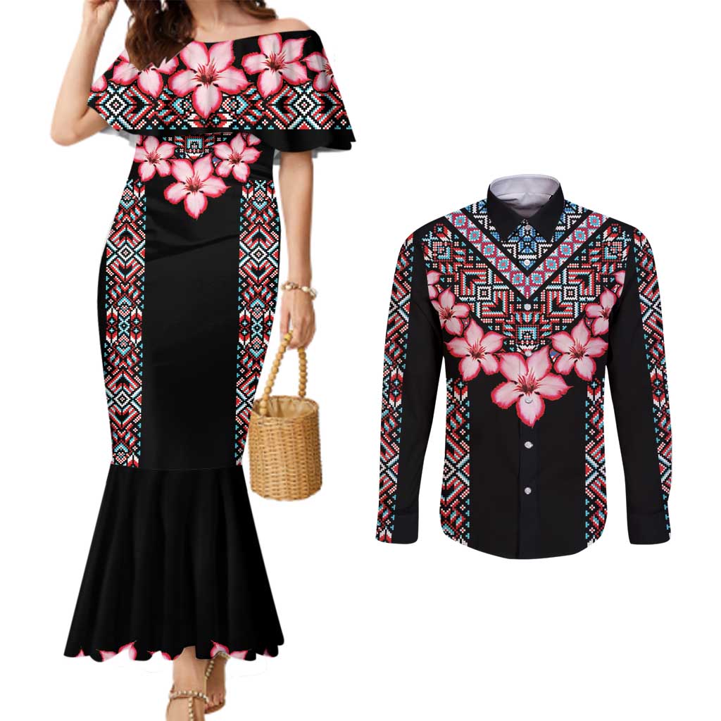 Africa Adenium Multiflorum Flowers Couples Matching Mermaid Dress and Long Sleeve Button Shirt Mix Native Tribal Pattern