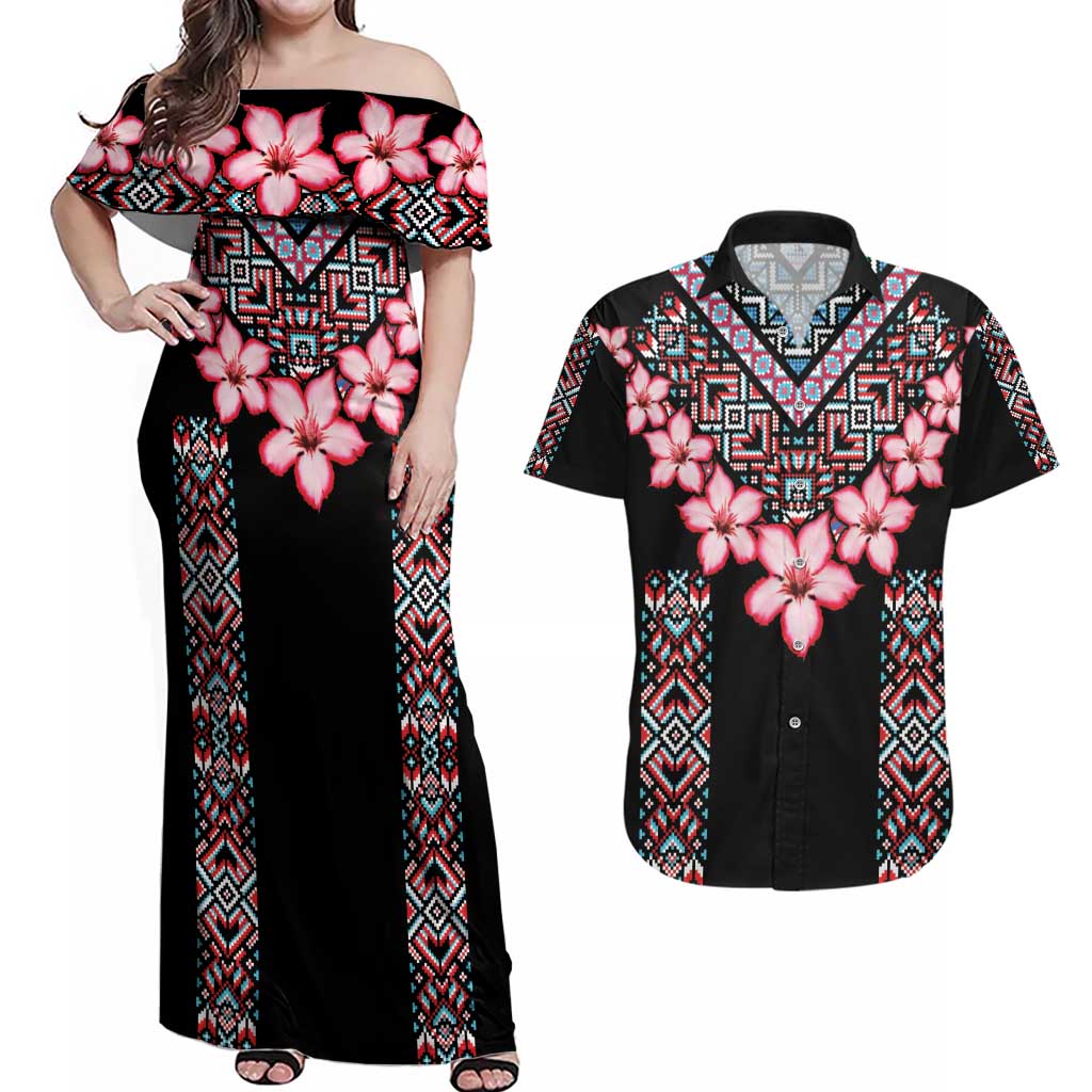 Africa Adenium Multiflorum Flowers Couples Matching Off Shoulder Maxi Dress and Hawaiian Shirt Mix Native Tribal Pattern LT9 - Wonder Print Shop