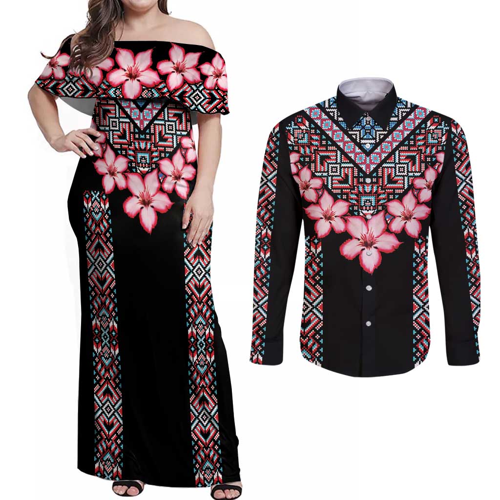 Africa Adenium Multiflorum Flowers Couples Matching Off Shoulder Maxi Dress and Long Sleeve Button Shirt Mix Native Tribal Pattern LT9 - Wonder Print Shop