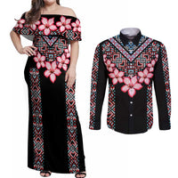 Africa Adenium Multiflorum Flowers Couples Matching Off Shoulder Maxi Dress and Long Sleeve Button Shirt Mix Native Tribal Pattern LT9 - Wonder Print Shop