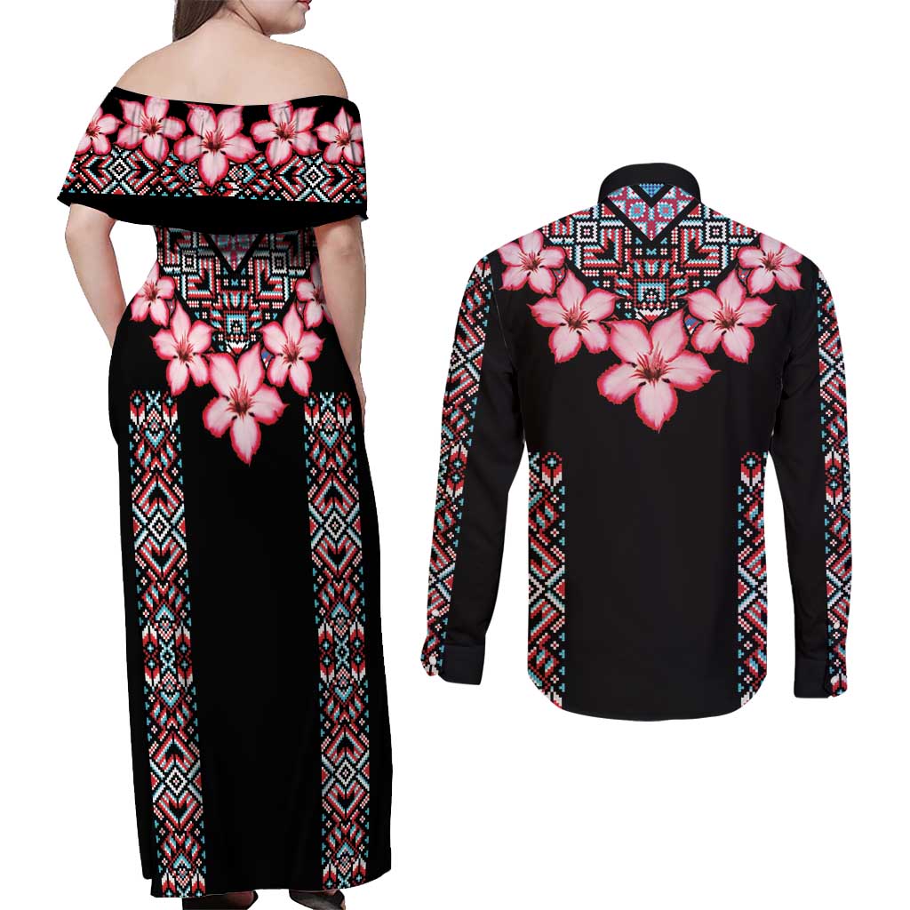 Africa Adenium Multiflorum Flowers Couples Matching Off Shoulder Maxi Dress and Long Sleeve Button Shirt Mix Native Tribal Pattern LT9 - Wonder Print Shop