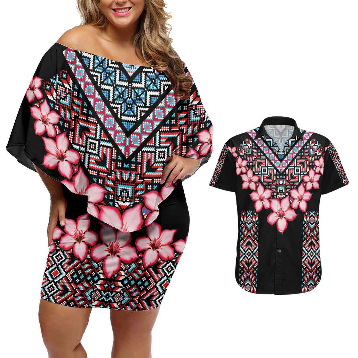 Africa Adenium Multiflorum Flowers Couples Matching Off Shoulder Short Dress and Hawaiian Shirt Mix Native Tribal Pattern LT9 - Wonder Print Shop