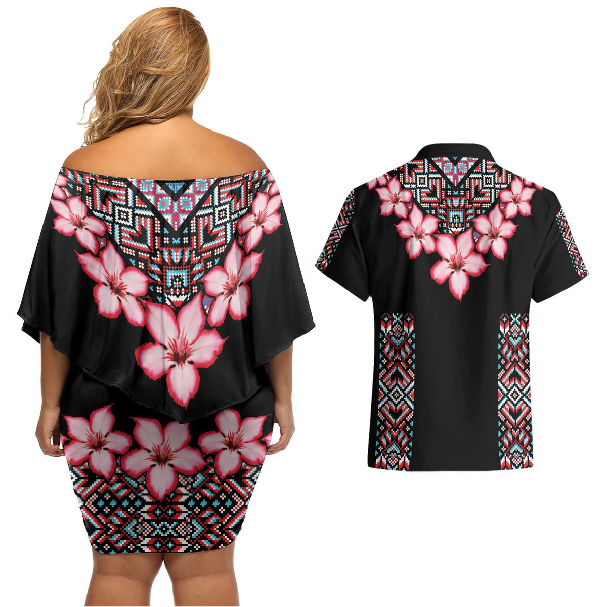 Africa Adenium Multiflorum Flowers Couples Matching Off Shoulder Short Dress and Hawaiian Shirt Mix Native Tribal Pattern LT9 - Wonder Print Shop