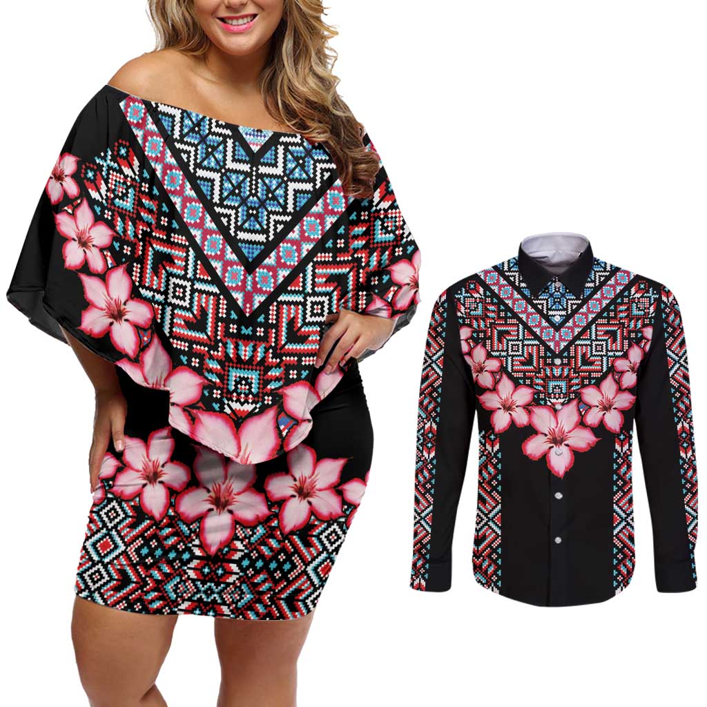 Africa Adenium Multiflorum Flowers Couples Matching Off Shoulder Short Dress and Long Sleeve Button Shirt Mix Native Tribal Pattern LT9 - Wonder Print Shop