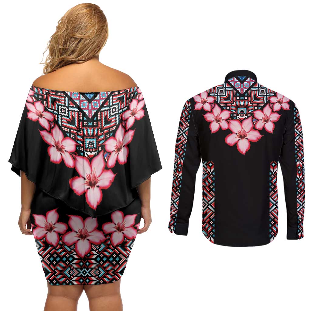 Africa Adenium Multiflorum Flowers Couples Matching Off Shoulder Short Dress and Long Sleeve Button Shirt Mix Native Tribal Pattern LT9 - Wonder Print Shop