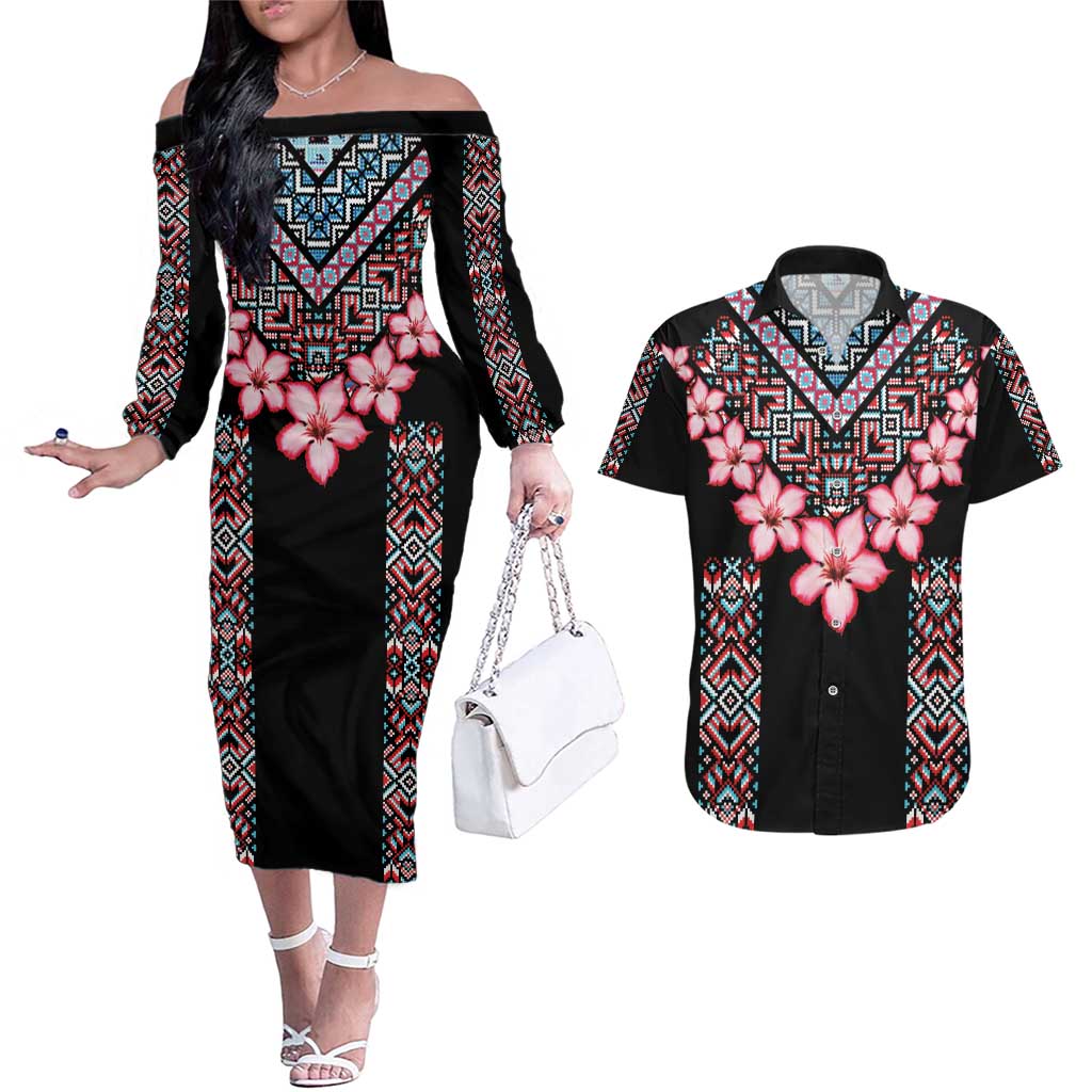 Africa Adenium Multiflorum Flowers Couples Matching Off The Shoulder Long Sleeve Dress and Hawaiian Shirt Mix Native Tribal Pattern LT9 - Wonder Print Shop