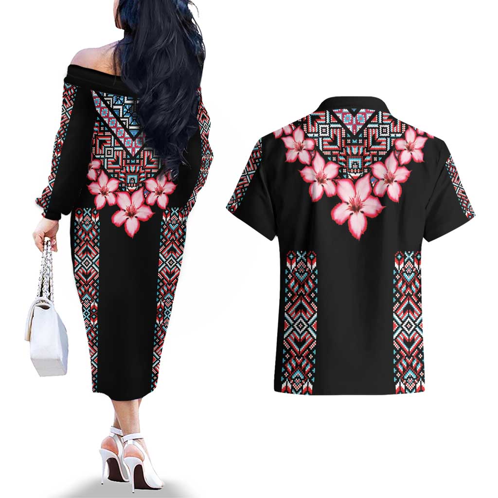 Africa Adenium Multiflorum Flowers Couples Matching Off The Shoulder Long Sleeve Dress and Hawaiian Shirt Mix Native Tribal Pattern LT9 - Wonder Print Shop