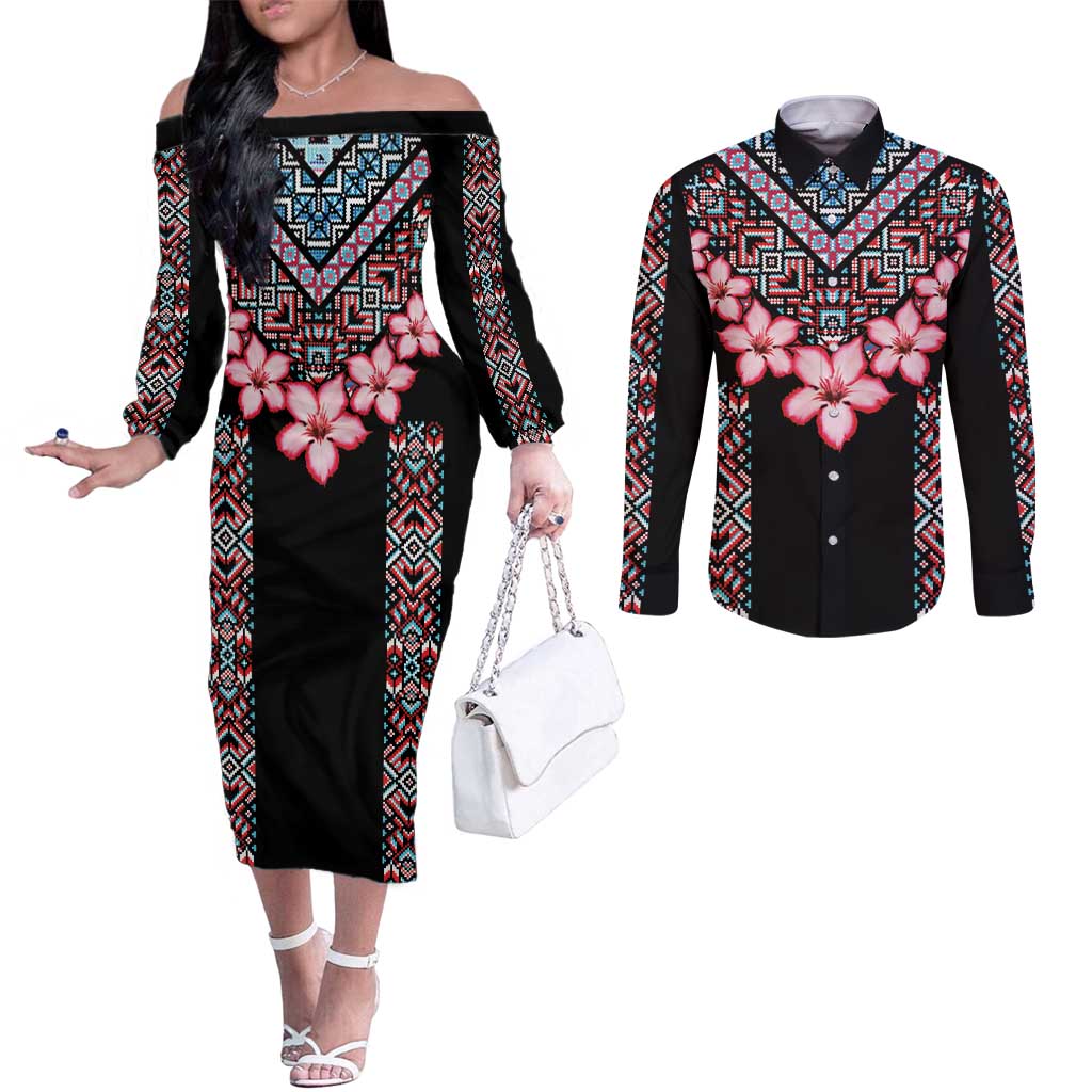 Africa Adenium Multiflorum Flowers Couples Matching Off The Shoulder Long Sleeve Dress and Long Sleeve Button Shirt Mix Native Tribal Pattern