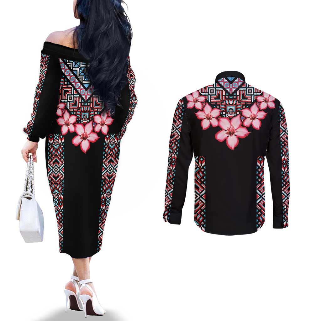 Africa Adenium Multiflorum Flowers Couples Matching Off The Shoulder Long Sleeve Dress and Long Sleeve Button Shirt Mix Native Tribal Pattern