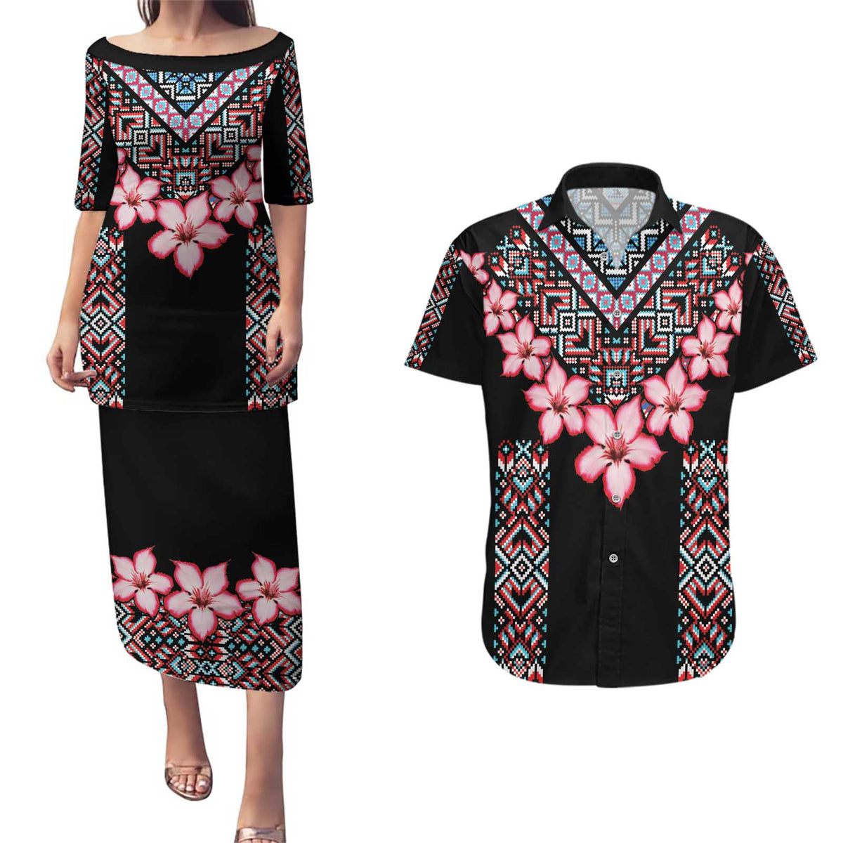 Africa Adenium Multiflorum Flowers Couples Matching Puletasi and Hawaiian Shirt Mix Native Tribal Pattern LT9 - Wonder Print Shop