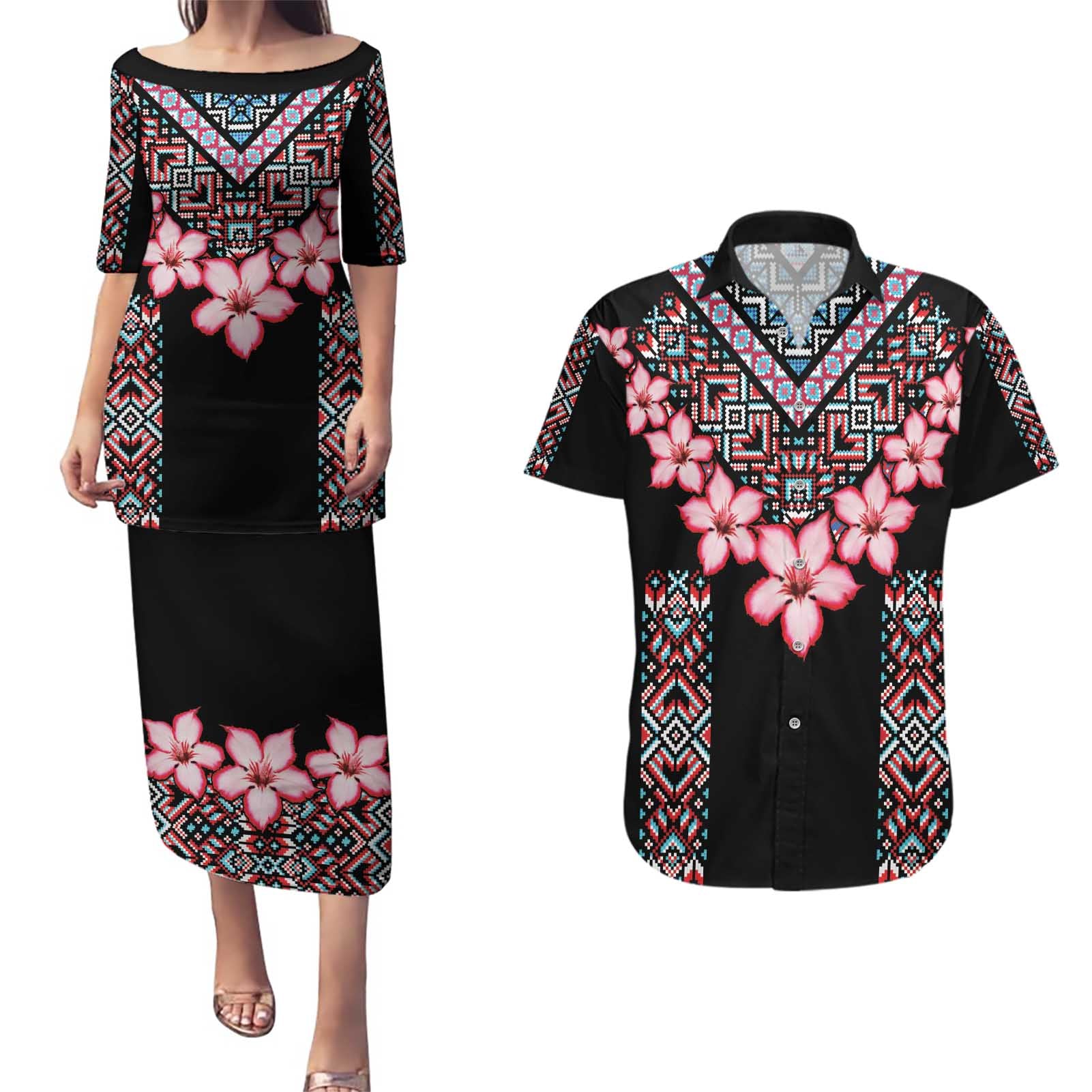 Africa Adenium Multiflorum Flowers Couples Matching Puletasi and Hawaiian Shirt Mix Native Tribal Pattern LT9 - Wonder Print Shop
