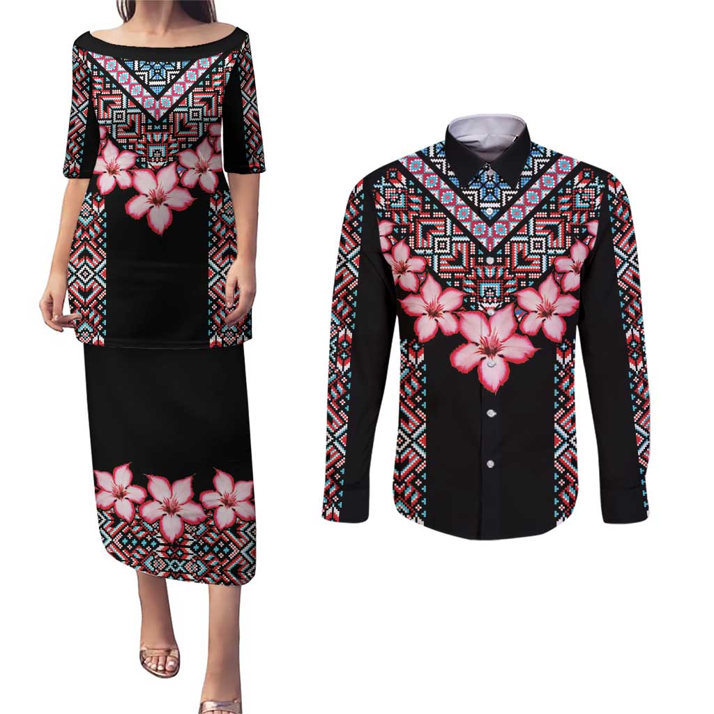 Africa Adenium Multiflorum Flowers Couples Matching Puletasi and Long Sleeve Button Shirt Mix Native Tribal Pattern LT9 - Wonder Print Shop