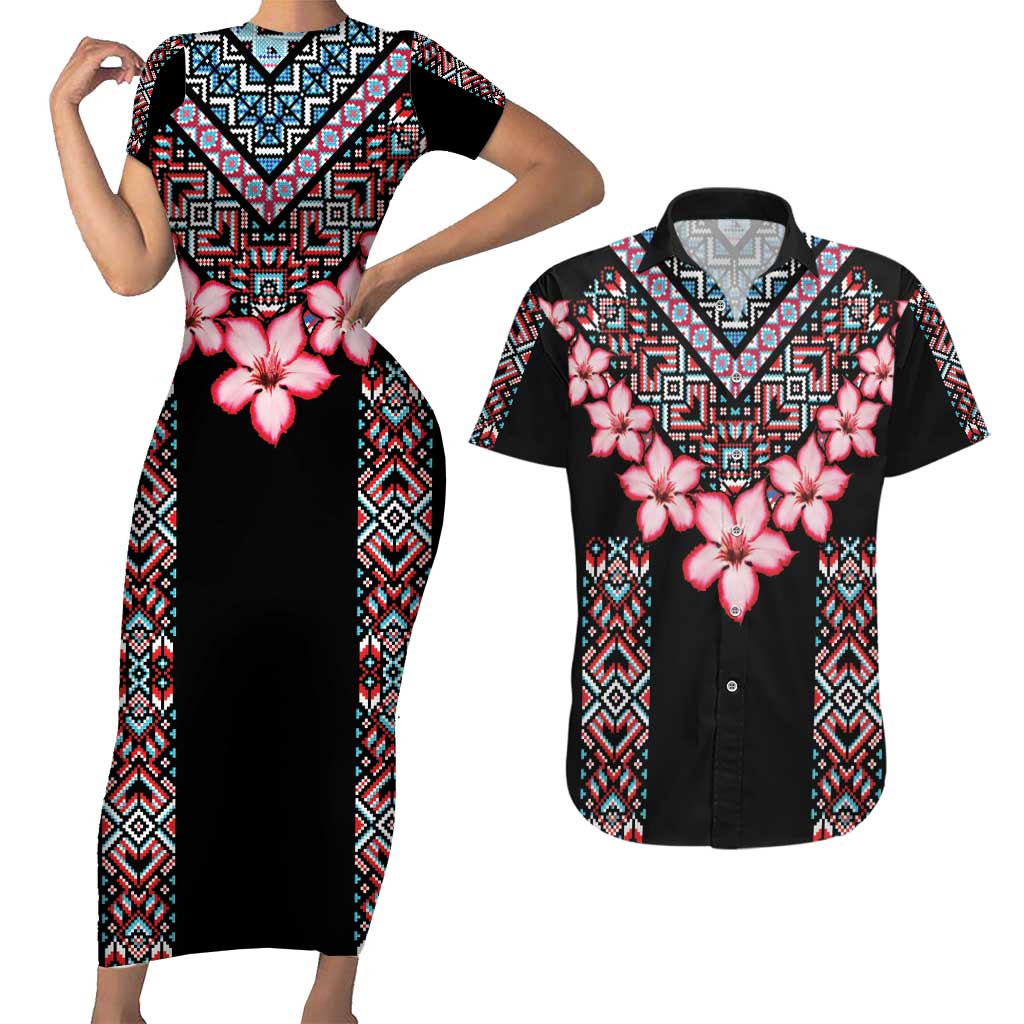 Africa Adenium Multiflorum Flowers Couples Matching Short Sleeve Bodycon Dress and Hawaiian Shirt Mix Native Tribal Pattern LT9 - Wonder Print Shop