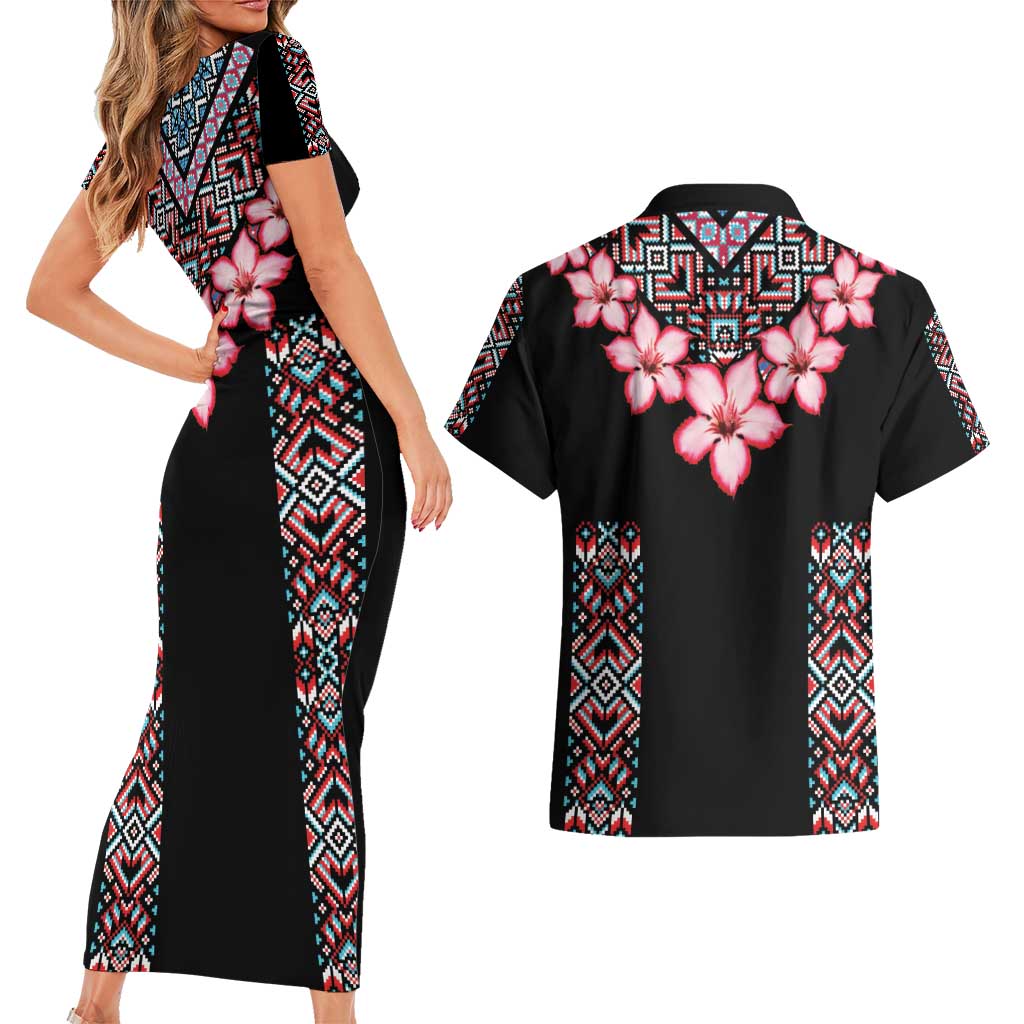 Africa Adenium Multiflorum Flowers Couples Matching Short Sleeve Bodycon Dress and Hawaiian Shirt Mix Native Tribal Pattern LT9 - Wonder Print Shop
