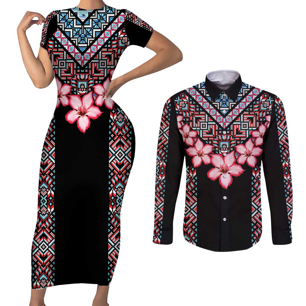Africa Adenium Multiflorum Flowers Couples Matching Short Sleeve Bodycon Dress and Long Sleeve Button Shirt Mix Native Tribal Pattern LT9 - Wonder Print Shop