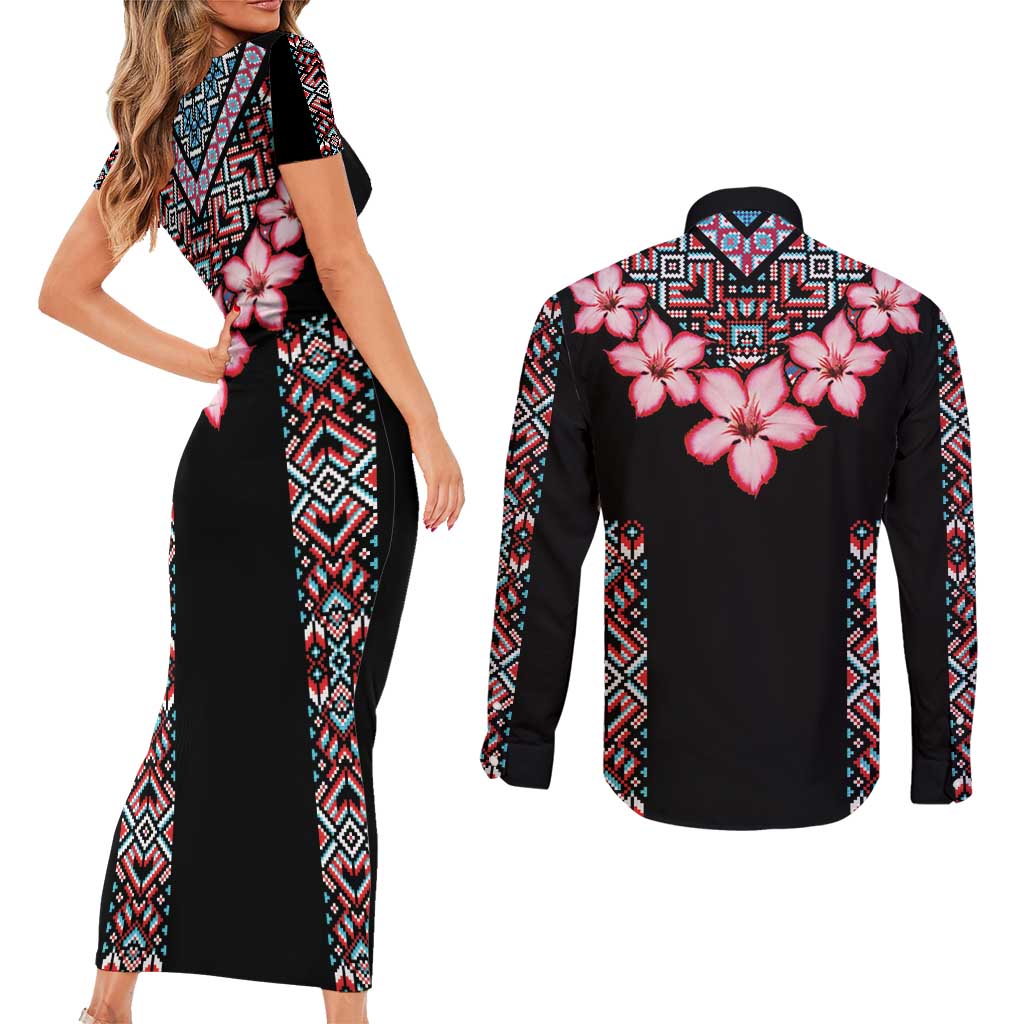 Africa Adenium Multiflorum Flowers Couples Matching Short Sleeve Bodycon Dress and Long Sleeve Button Shirt Mix Native Tribal Pattern LT9 - Wonder Print Shop