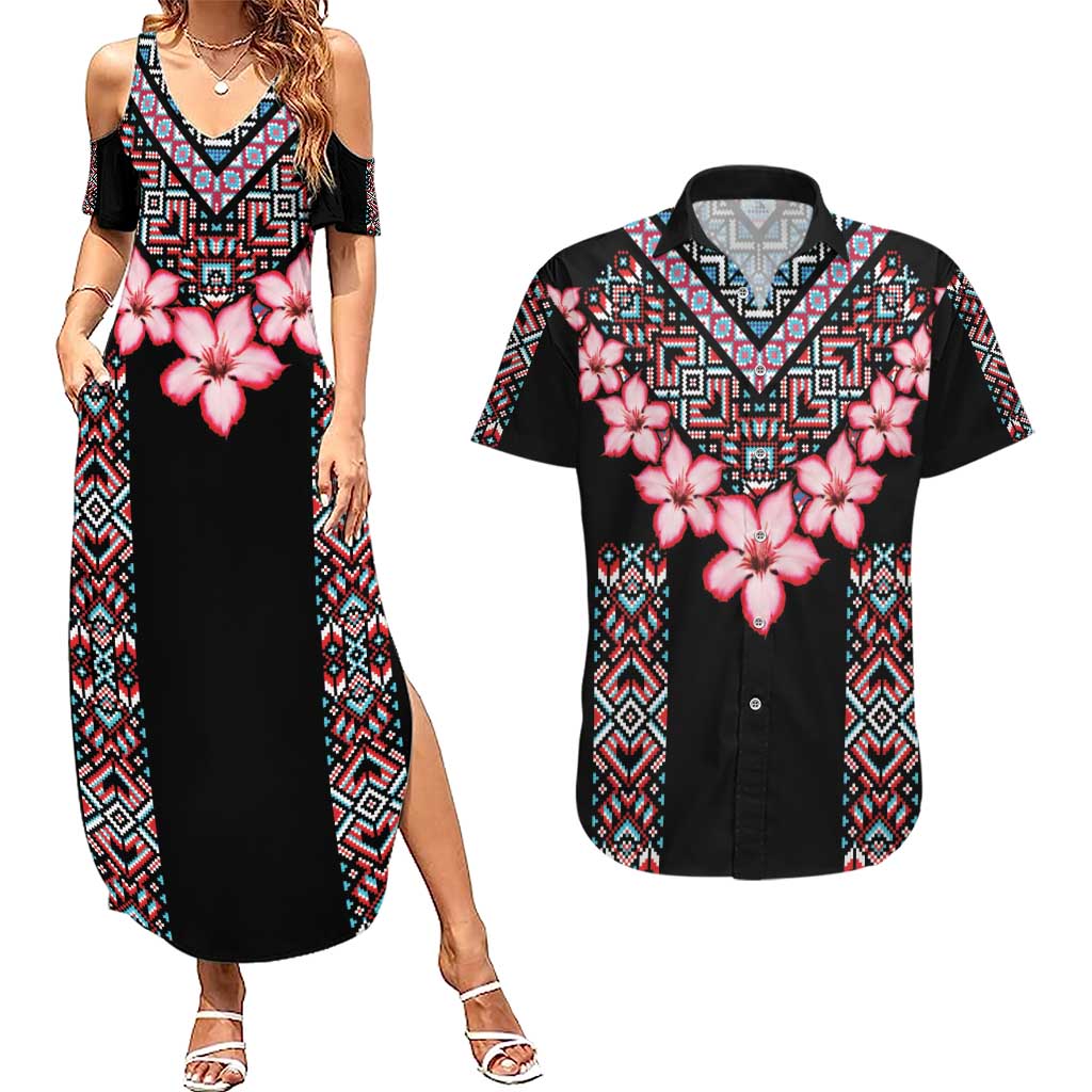 Africa Adenium Multiflorum Flowers Couples Matching Summer Maxi Dress and Hawaiian Shirt Mix Native Tribal Pattern LT9 - Wonder Print Shop