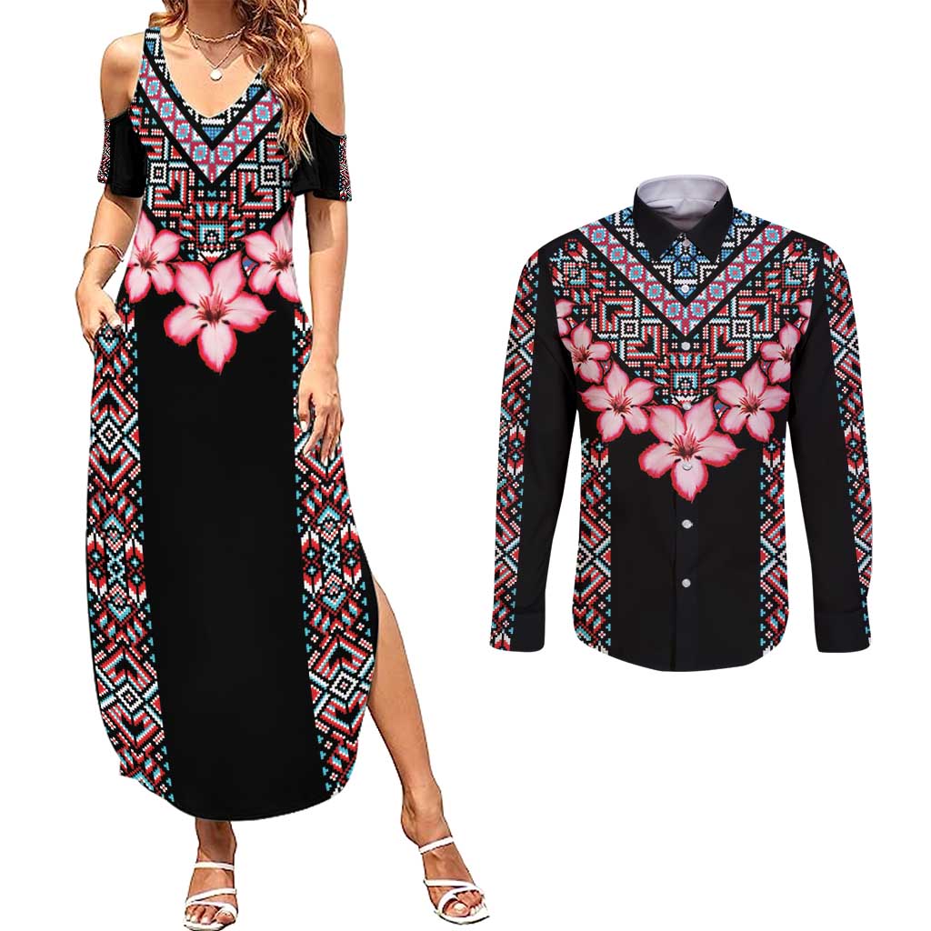 Africa Adenium Multiflorum Flowers Couples Matching Summer Maxi Dress and Long Sleeve Button Shirt Mix Native Tribal Pattern LT9 - Wonder Print Shop