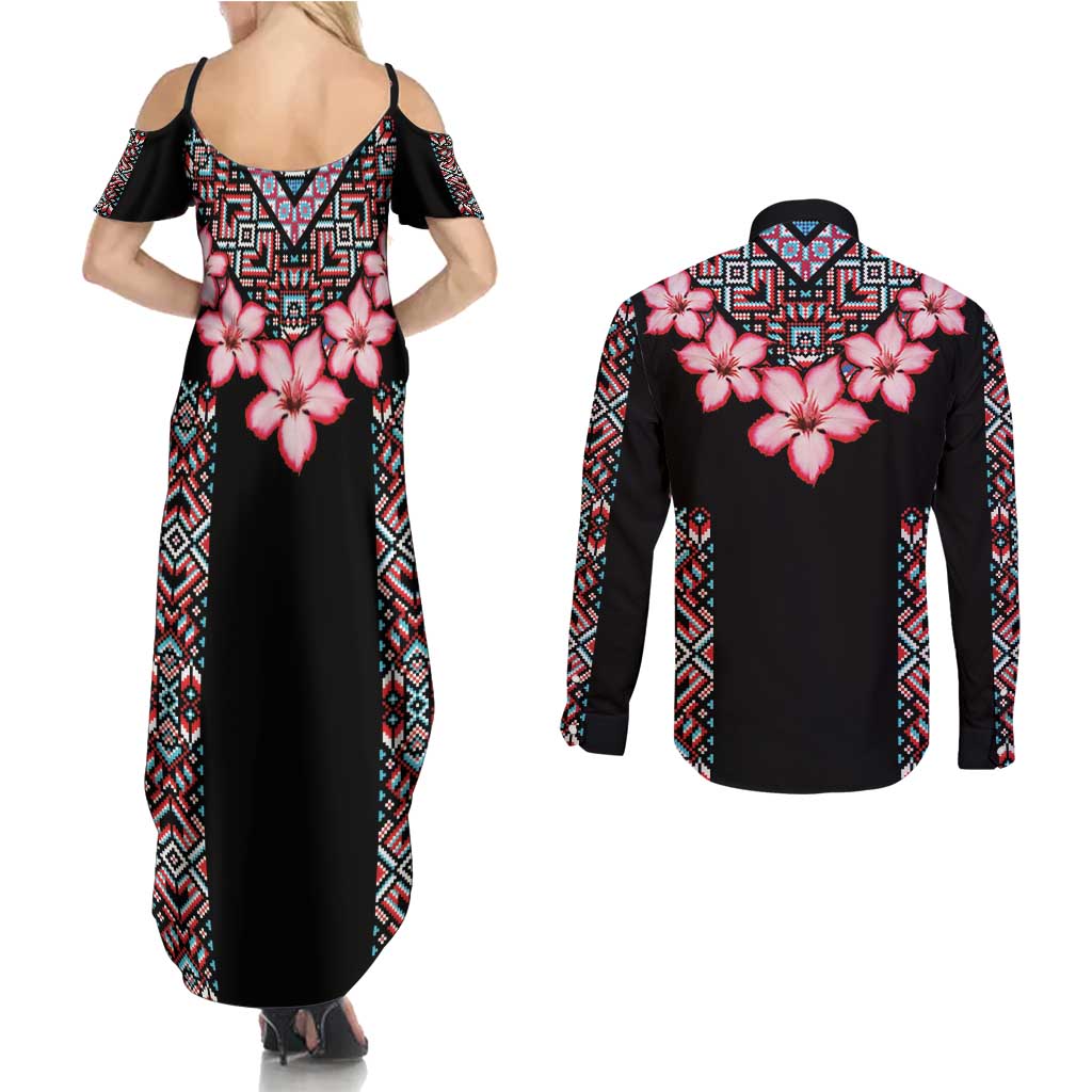 Africa Adenium Multiflorum Flowers Couples Matching Summer Maxi Dress and Long Sleeve Button Shirt Mix Native Tribal Pattern LT9 - Wonder Print Shop