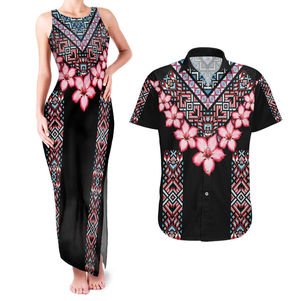 Africa Adenium Multiflorum Flowers Couples Matching Tank Maxi Dress and Hawaiian Shirt Mix Native Tribal Pattern LT9 - Wonder Print Shop
