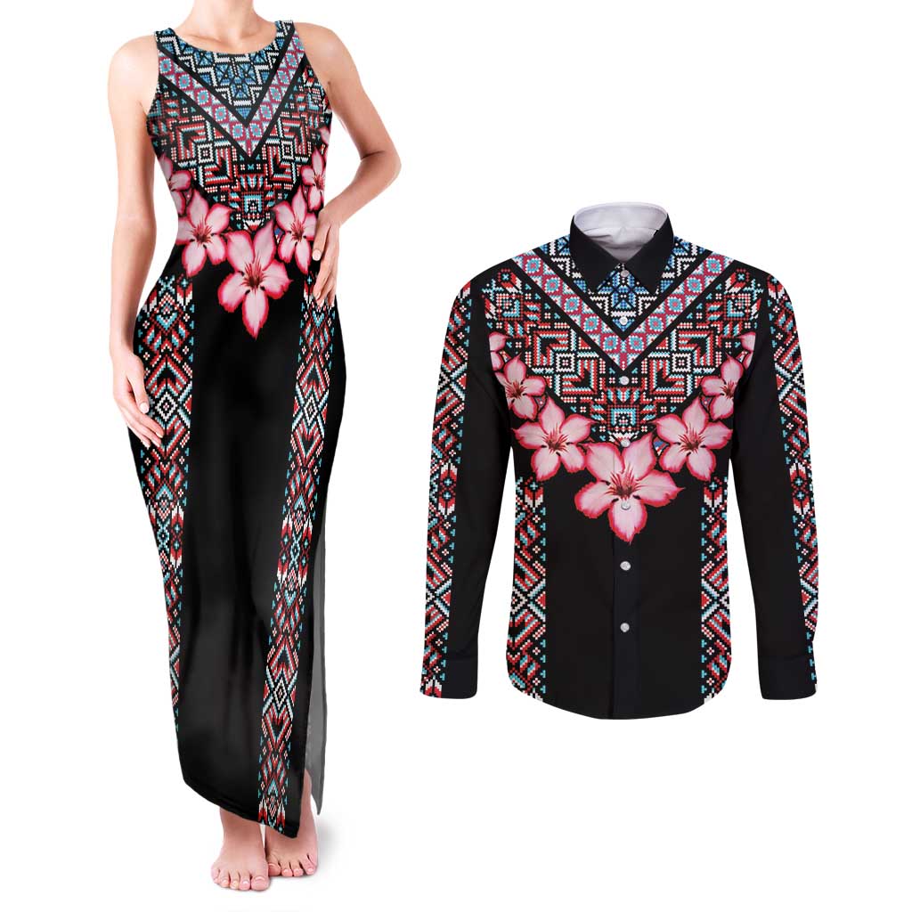Africa Adenium Multiflorum Flowers Couples Matching Tank Maxi Dress and Long Sleeve Button Shirt Mix Native Tribal Pattern LT9 - Wonder Print Shop