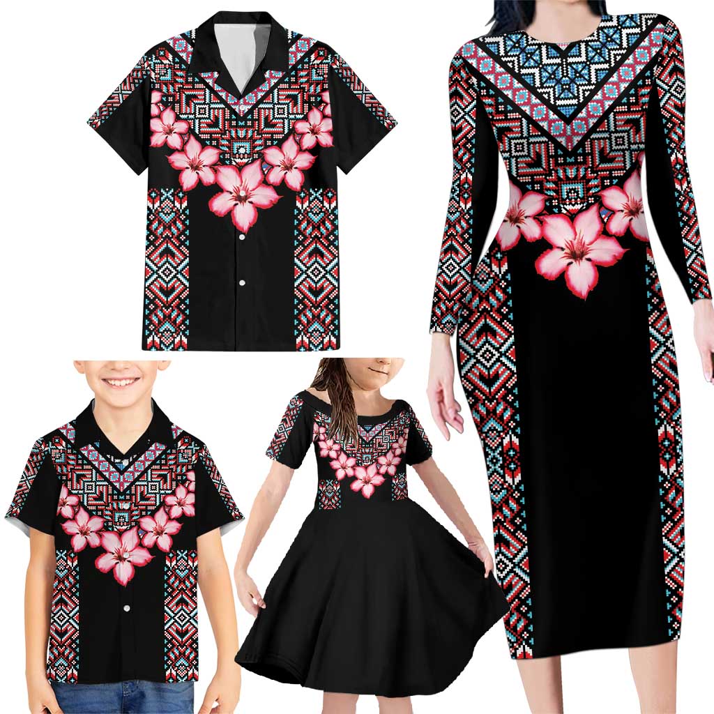 Africa Adenium Multiflorum Flowers Family Matching Long Sleeve Bodycon Dress and Hawaiian Shirt Mix Native Tribal Pattern LT9 - Wonder Print Shop