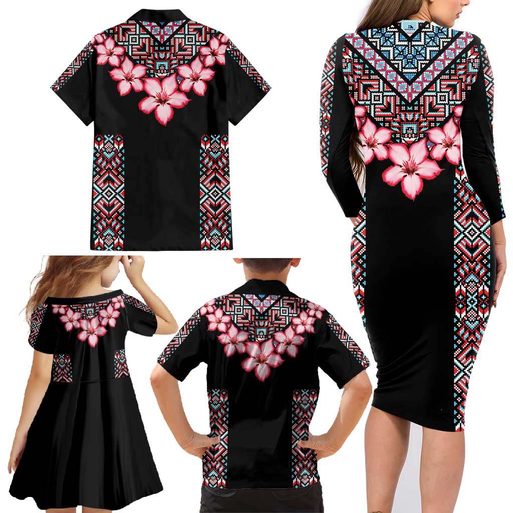 Africa Adenium Multiflorum Flowers Family Matching Long Sleeve Bodycon Dress and Hawaiian Shirt Mix Native Tribal Pattern LT9 - Wonder Print Shop