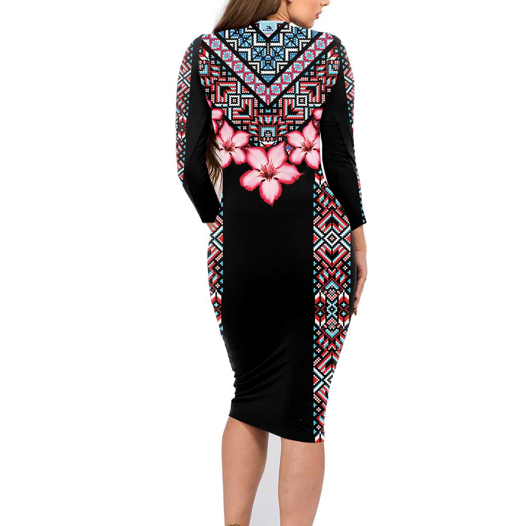 Africa Adenium Multiflorum Flowers Family Matching Long Sleeve Bodycon Dress and Hawaiian Shirt Mix Native Tribal Pattern LT9 - Wonder Print Shop