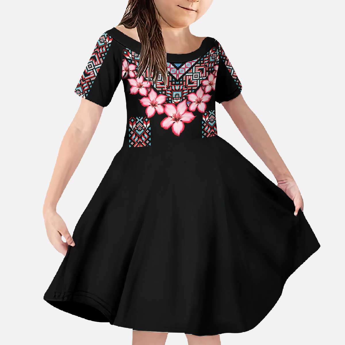 Africa Adenium Multiflorum Flowers Family Matching Off The Shoulder Long Sleeve Dress and Hawaiian Shirt Mix Native Tribal Pattern - Wonder Print Shop