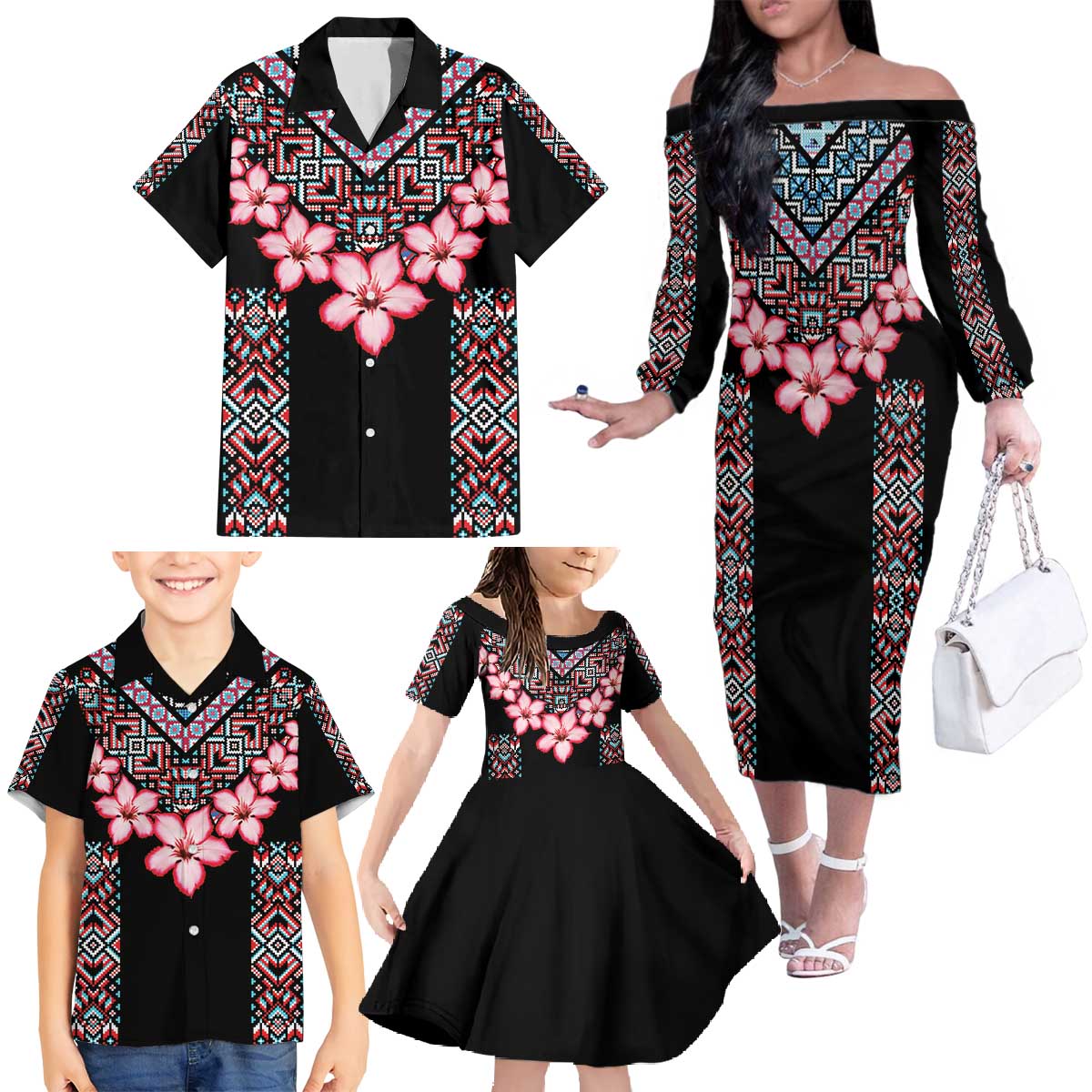 Africa Adenium Multiflorum Flowers Family Matching Off The Shoulder Long Sleeve Dress and Hawaiian Shirt Mix Native Tribal Pattern - Wonder Print Shop