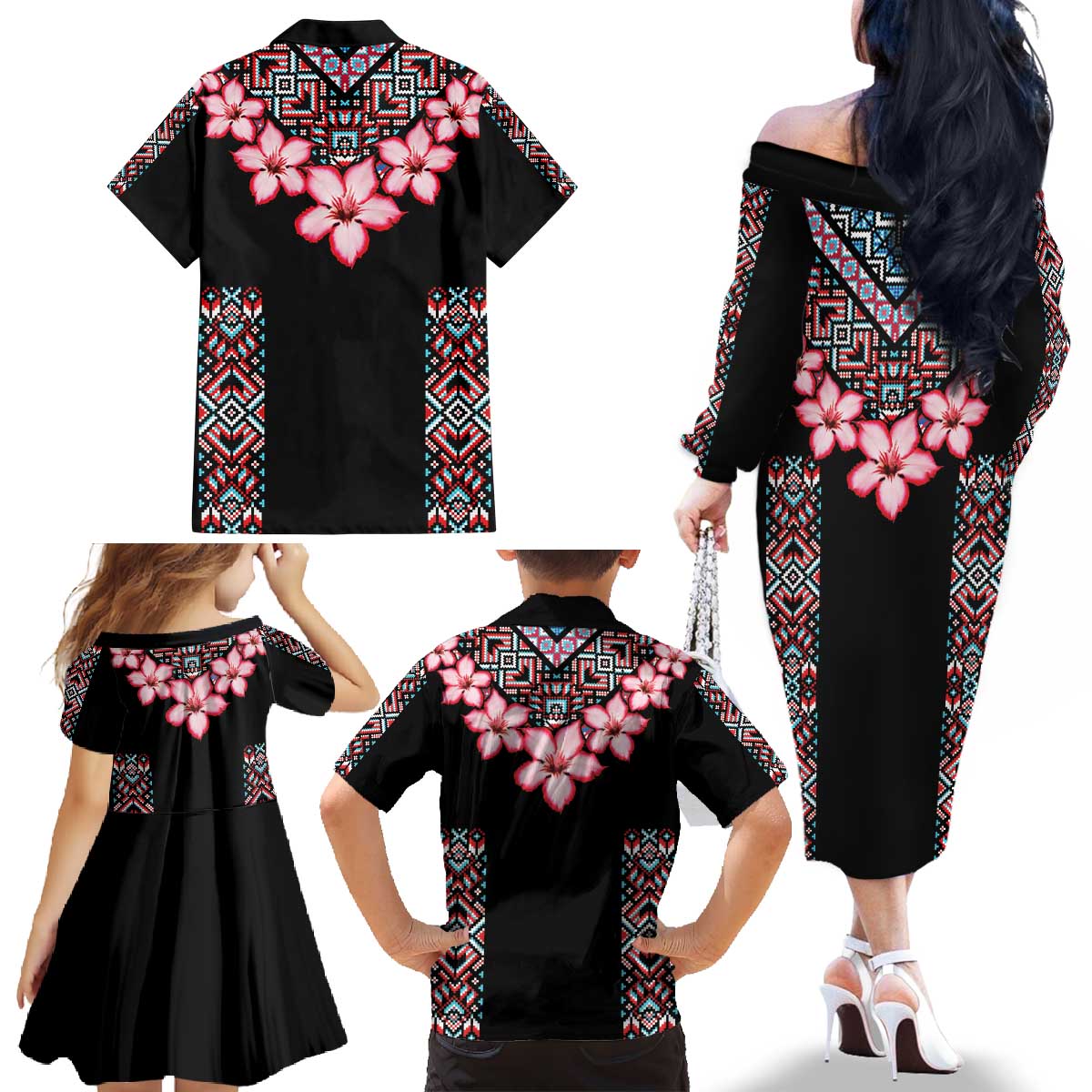 Africa Adenium Multiflorum Flowers Family Matching Off The Shoulder Long Sleeve Dress and Hawaiian Shirt Mix Native Tribal Pattern - Wonder Print Shop