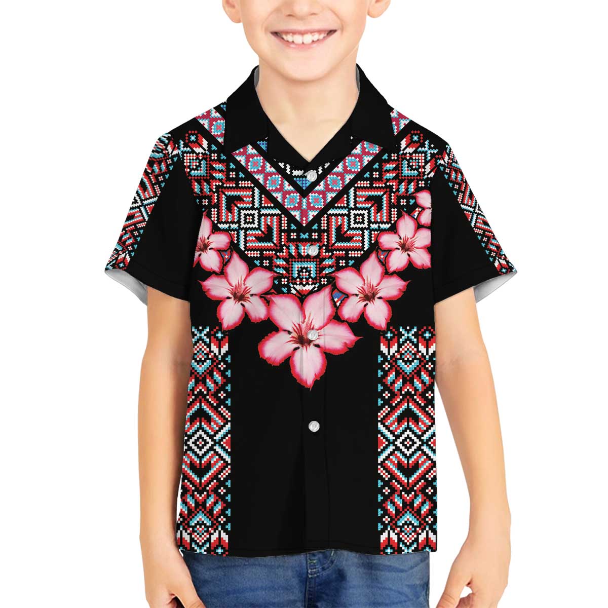 Africa Adenium Multiflorum Flowers Family Matching Off The Shoulder Long Sleeve Dress and Hawaiian Shirt Mix Native Tribal Pattern - Wonder Print Shop
