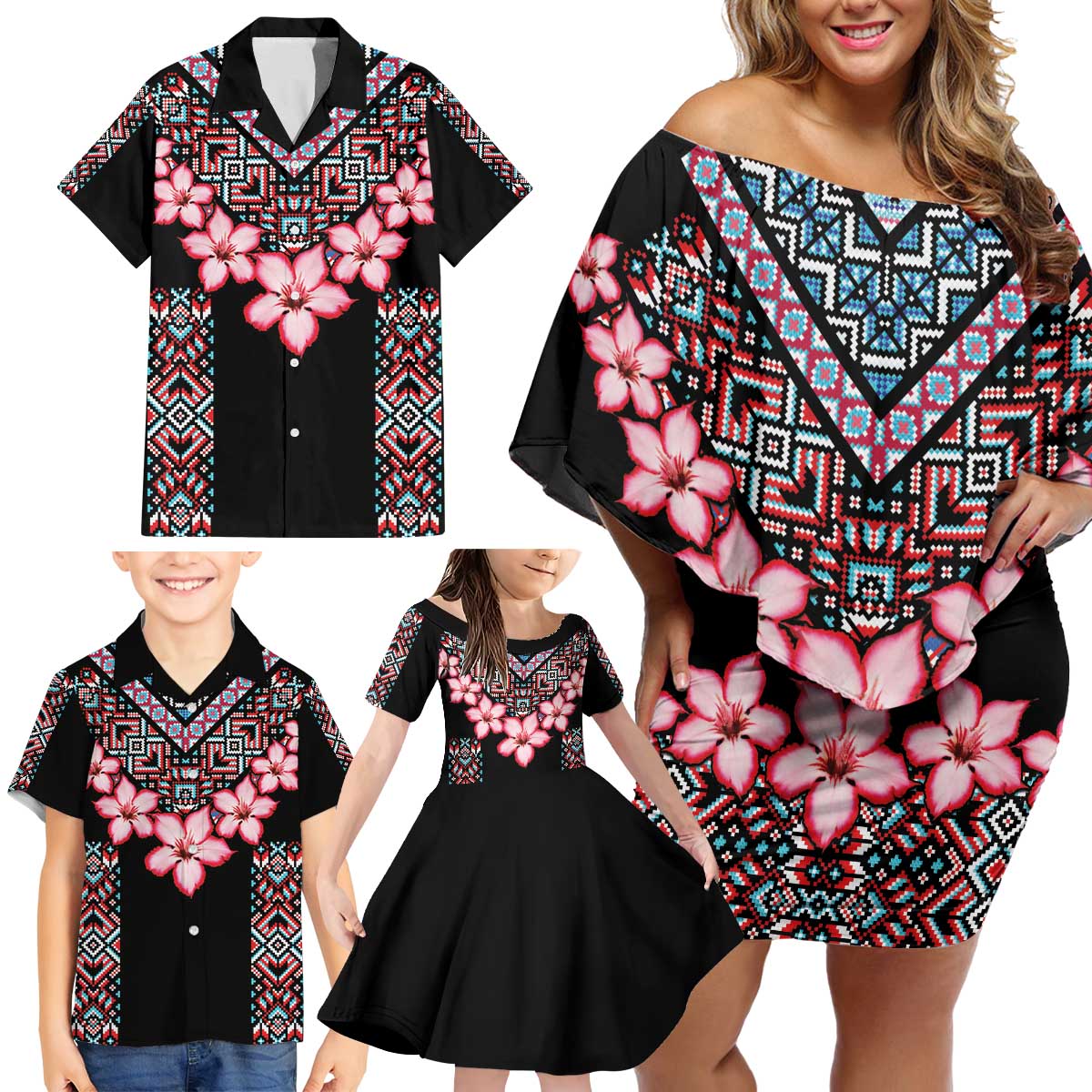 Africa Adenium Multiflorum Flowers Family Matching Off Shoulder Short Dress and Hawaiian Shirt Mix Native Tribal Pattern LT9 - Wonder Print Shop