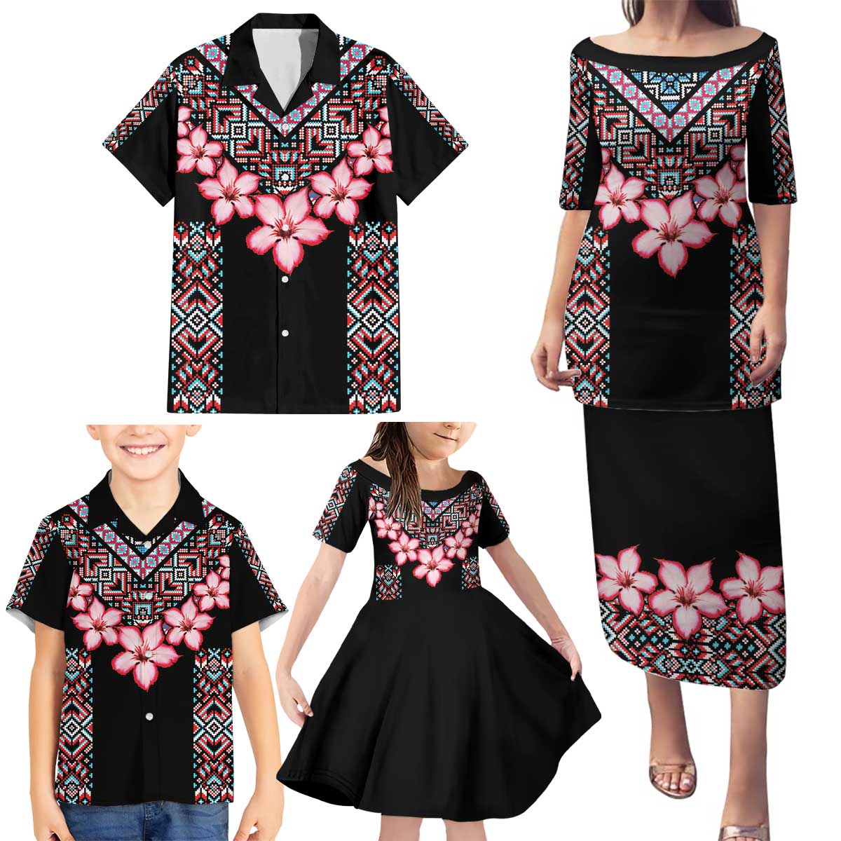 Africa Adenium Multiflorum Flowers Family Matching Puletasi and Hawaiian Shirt Mix Native Tribal Pattern - Wonder Print Shop