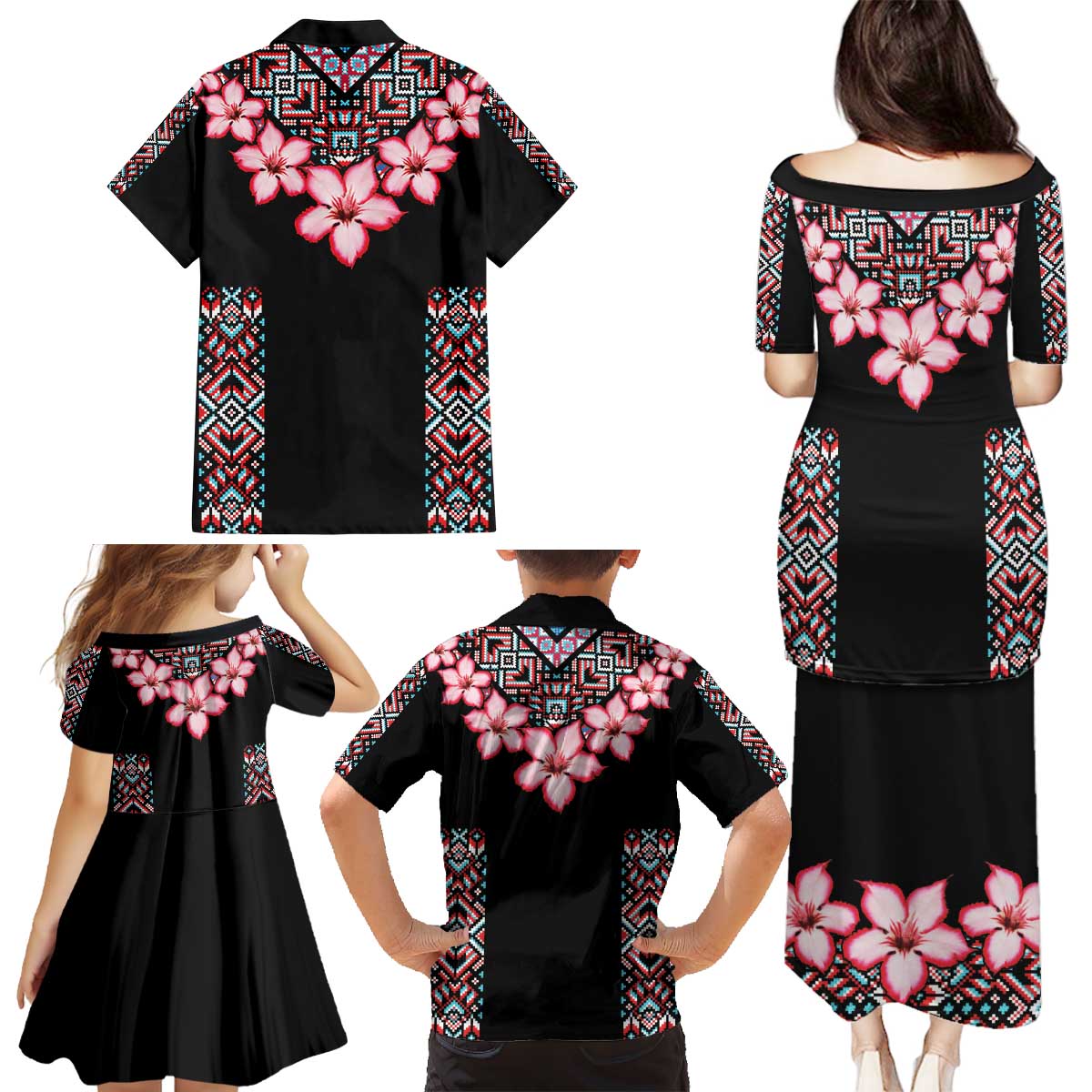 Africa Adenium Multiflorum Flowers Family Matching Puletasi and Hawaiian Shirt Mix Native Tribal Pattern - Wonder Print Shop