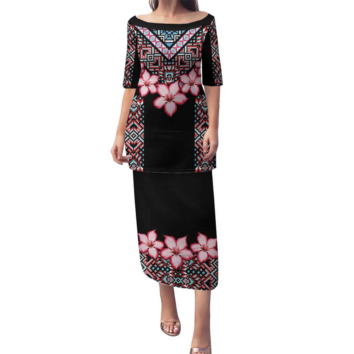Africa Adenium Multiflorum Flowers Family Matching Puletasi and Hawaiian Shirt Mix Native Tribal Pattern - Wonder Print Shop