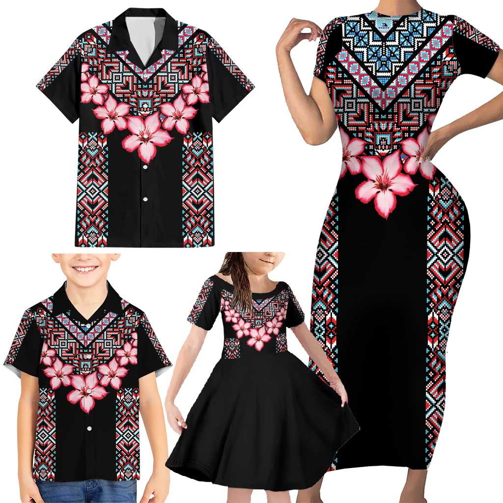 Africa Adenium Multiflorum Flowers Family Matching Short Sleeve Bodycon Dress and Hawaiian Shirt Mix Native Tribal Pattern - Wonder Print Shop