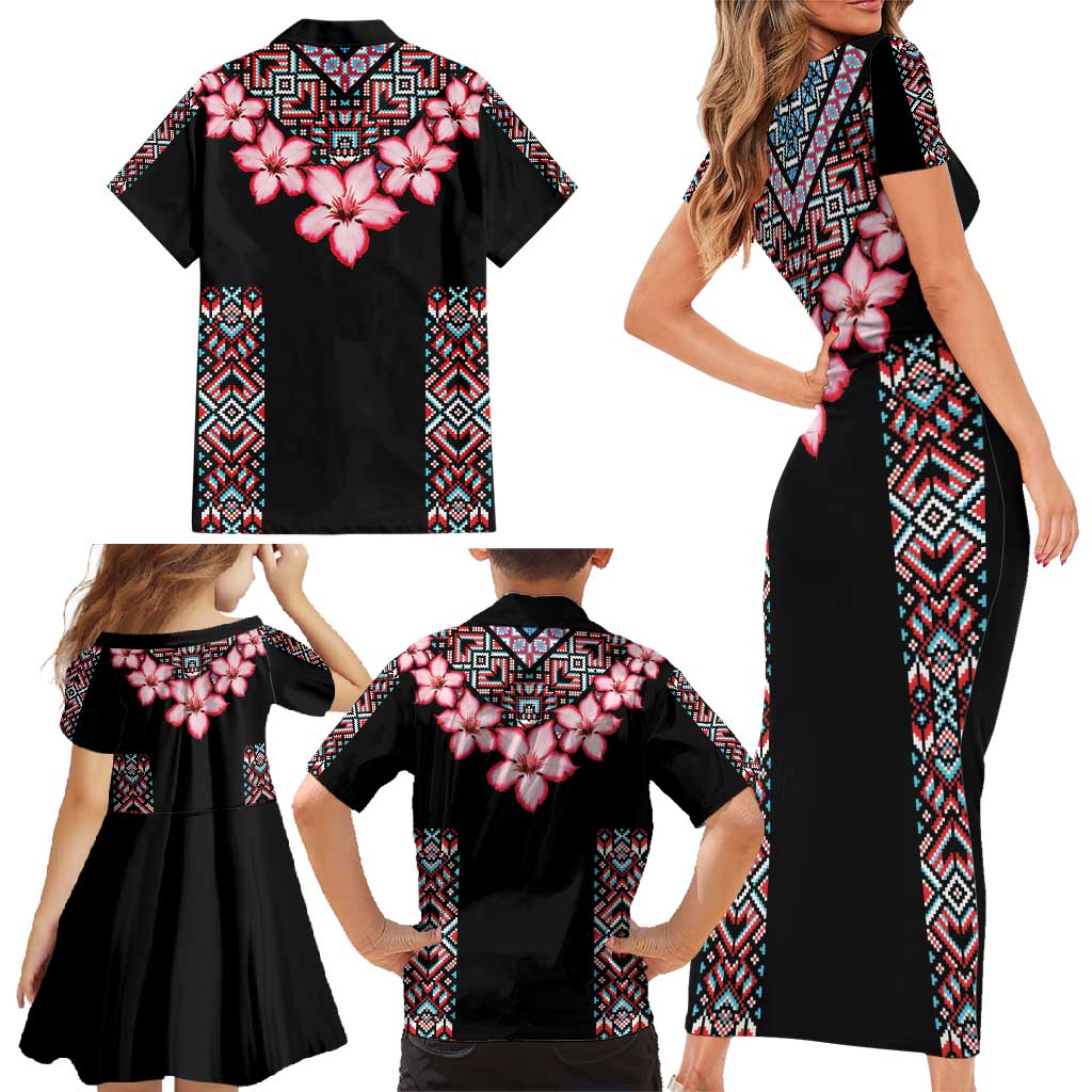 Africa Adenium Multiflorum Flowers Family Matching Short Sleeve Bodycon Dress and Hawaiian Shirt Mix Native Tribal Pattern - Wonder Print Shop