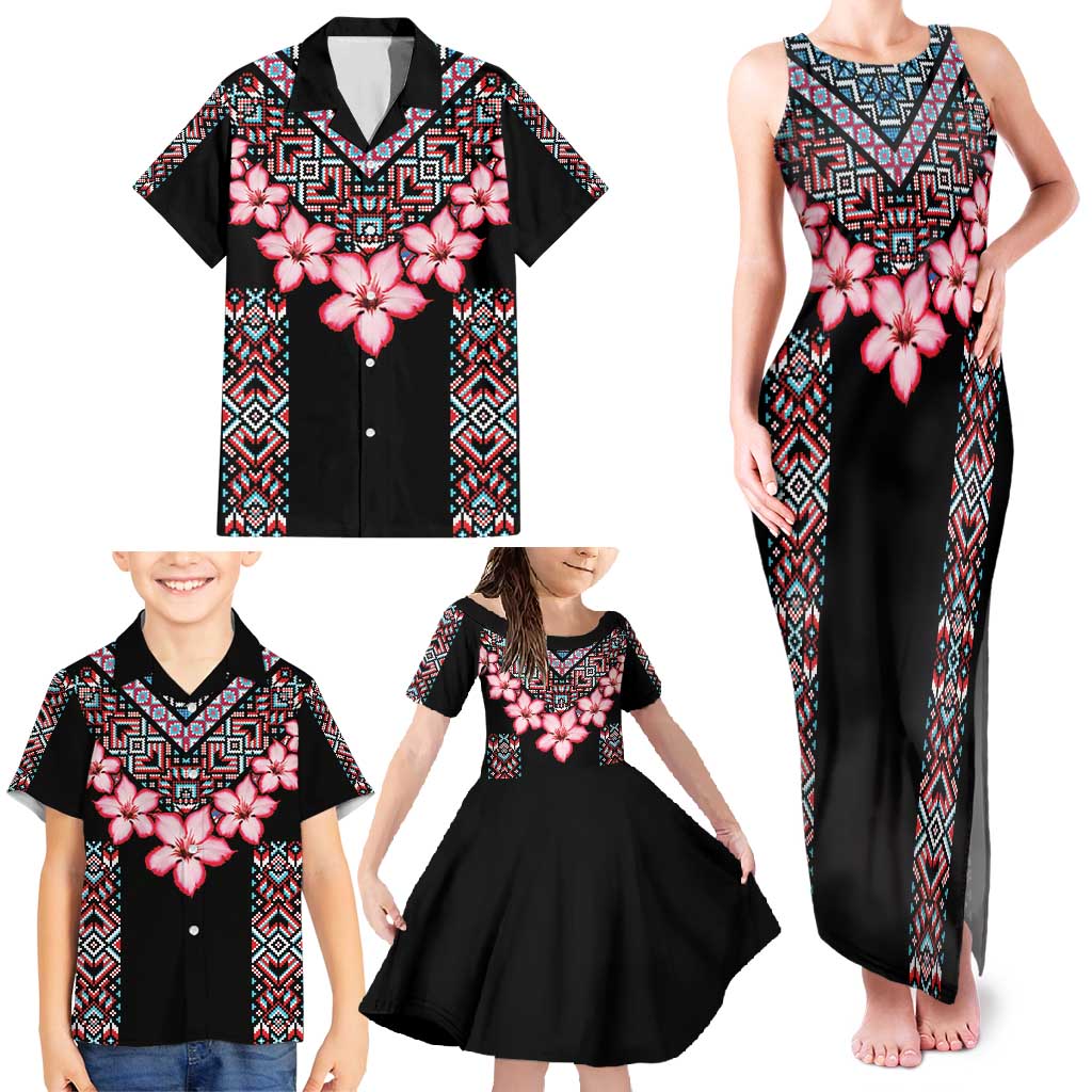 Africa Adenium Multiflorum Flowers Family Matching Tank Maxi Dress and Hawaiian Shirt Mix Native Tribal Pattern - Wonder Print Shop
