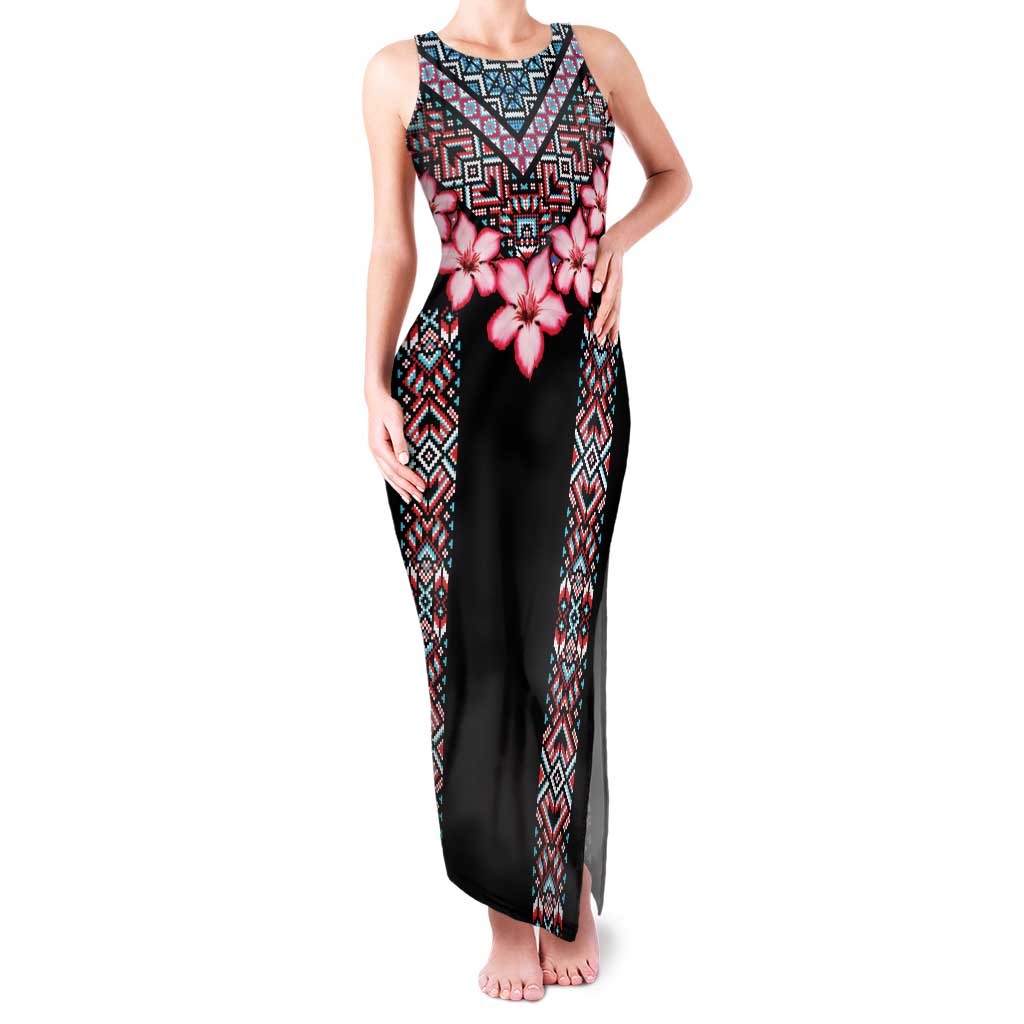 Africa Adenium Multiflorum Flowers Family Matching Tank Maxi Dress and Hawaiian Shirt Mix Native Tribal Pattern - Wonder Print Shop
