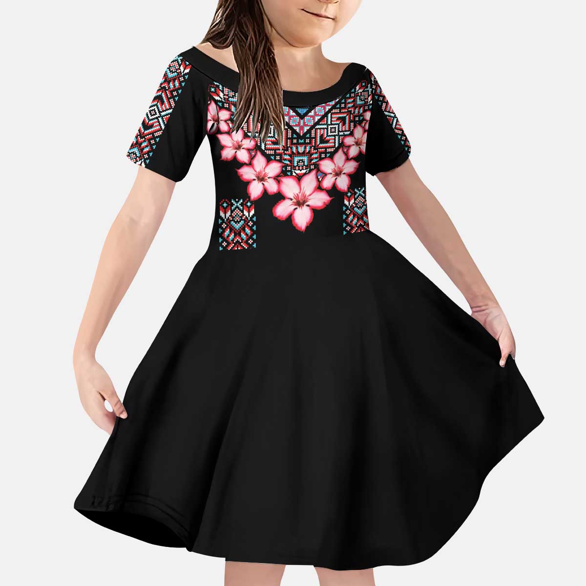 Africa Adenium Multiflorum Flowers Kid Short Sleeve Dress Mix Native Tribal Pattern - Wonder Print Shop