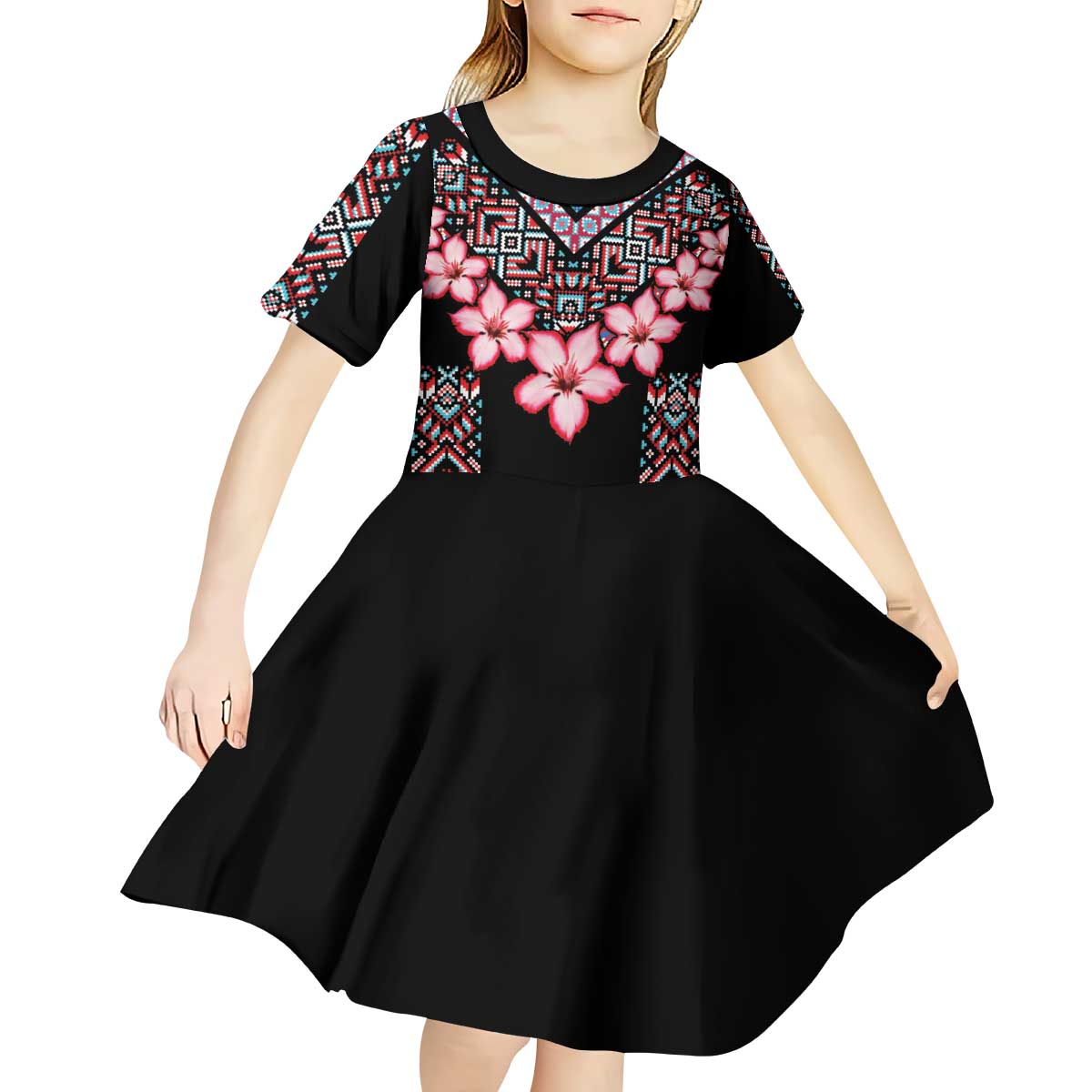 Africa Adenium Multiflorum Flowers Kid Short Sleeve Dress Mix Native Tribal Pattern - Wonder Print Shop
